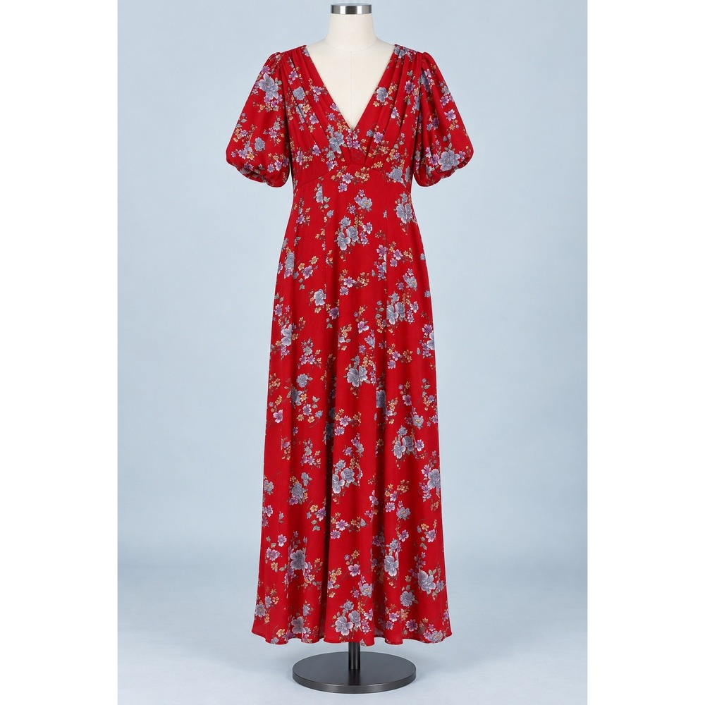 Betsey Johnson Floral Maxi Dress Women 12 Red Puff Sleeve Boho Cottagecore 90's